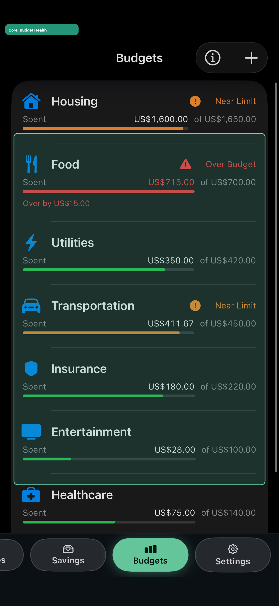 Clearflow budget health view on iPhone