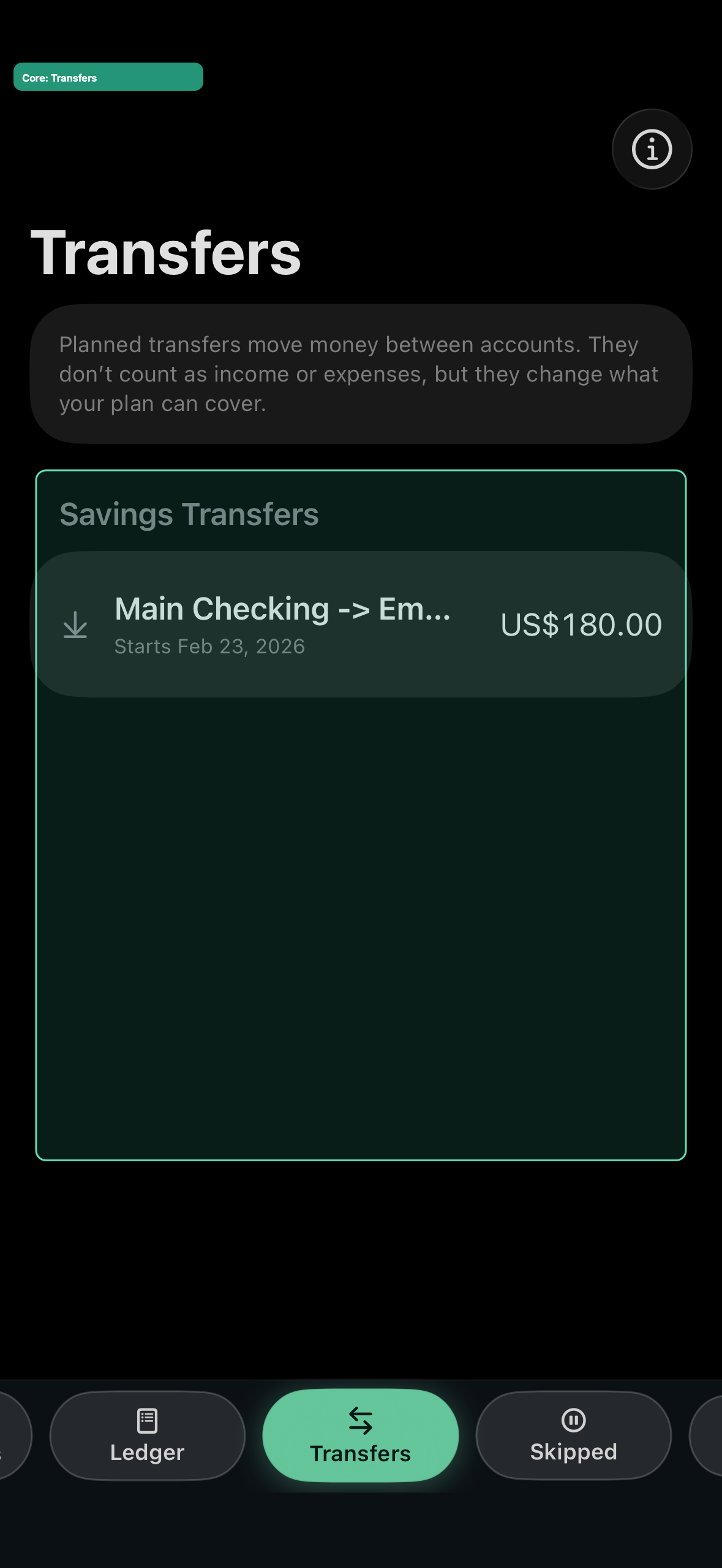 Clearflow Transfers view on iPhone